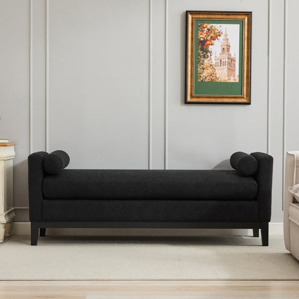 English Elm 66.34"w Boucle Upholstered Bench Daybed with Fluted Wood Legs and Bolster Pillows Black Black W3118S00054
