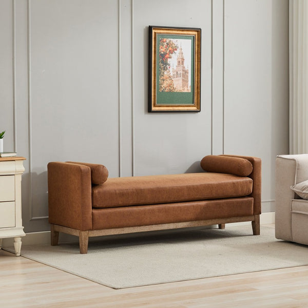 English Elm 66.34"w Upholstered Bench Fluted Wood Frame Pu Leather Bolsters Retro Bedroom Seating W3118S00055