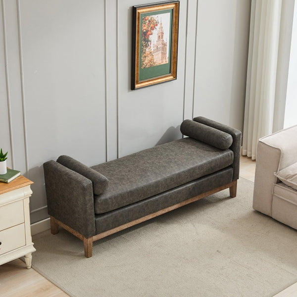 English Elm 66.34"w Gray Pu Leather Daybed Bench Vintage Style Rubberwood Legs Bolsters Bedroom Seating W3118S00056
