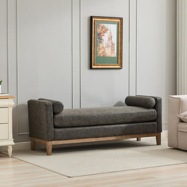 English Elm 66.34"w Gray Pu Leather Daybed Bench Vintage Style Rubberwood Legs Bolsters Bedroom Seating W3118S00056