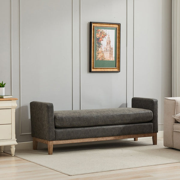 English Elm 66.34"w Gray Pu Leather Daybed Bench Vintage Style Rubberwood Legs Bolsters Bedroom Seating W3118S00056