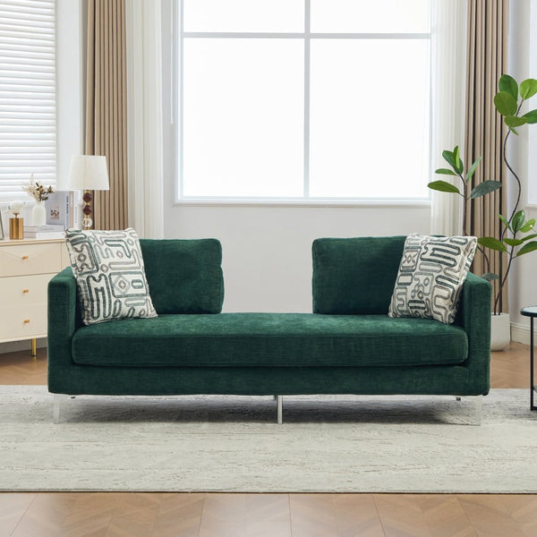 English Elm 77.5''w Chenille Slipcovered Chaise Lounge Open Back Settee with Pocket Spring Seat Green W3118S00057
