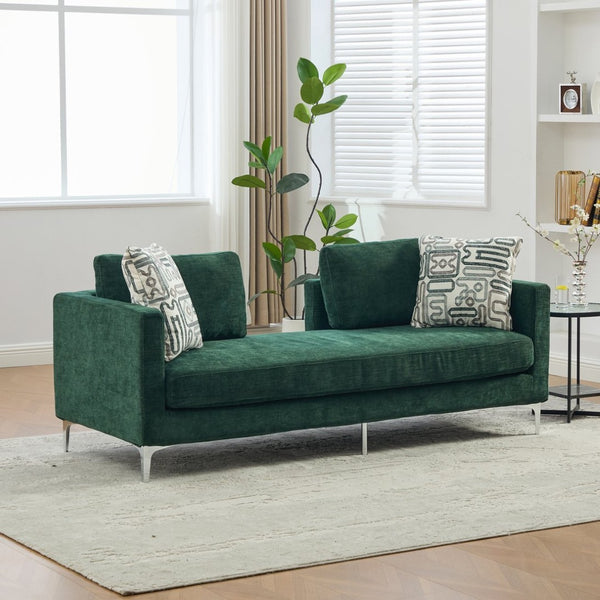 English Elm 77.5''w Chenille Slipcovered Chaise Lounge Open Back Settee with Pocket Spring Seat Green W3118S00057