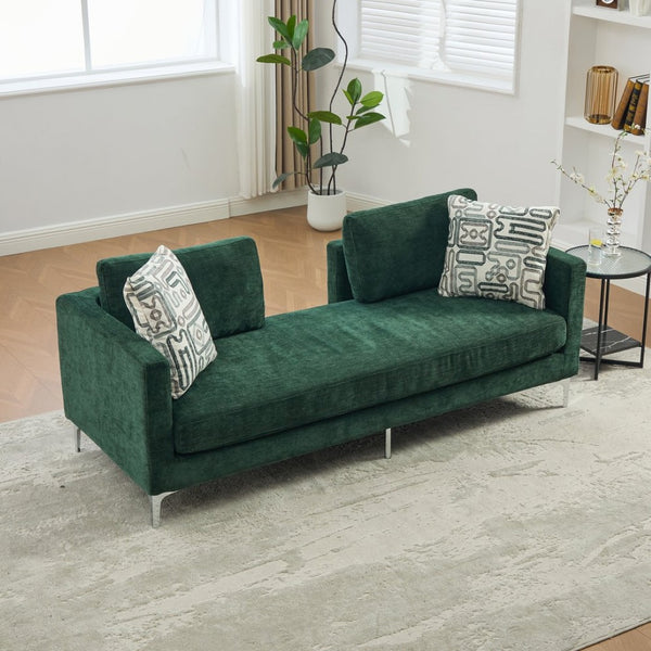 English Elm 77.5''w Chenille Slipcovered Chaise Lounge Open Back Settee with Pocket Spring Seat Green W3118S00057