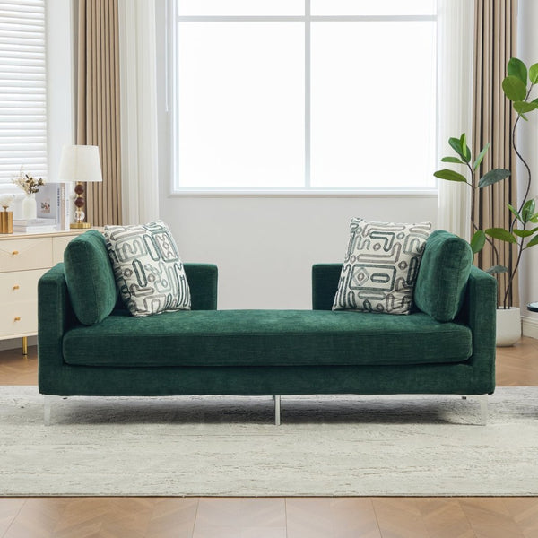 English Elm 77.5''w Chenille Slipcovered Chaise Lounge Open Back Settee with Pocket Spring Seat Green W3118S00057