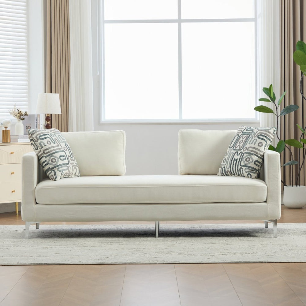 English Elm 77.5''w Chenille Slipcovered Chaise Lounge Open Back Settee with Pocket Spring Seat Ivory W3118S00059