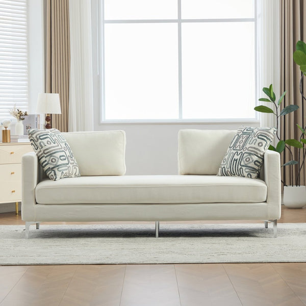 English Elm 77.5''w Chenille Slipcovered Chaise Lounge Open Back Settee with Pocket Spring Seat Ivory W3118S00059