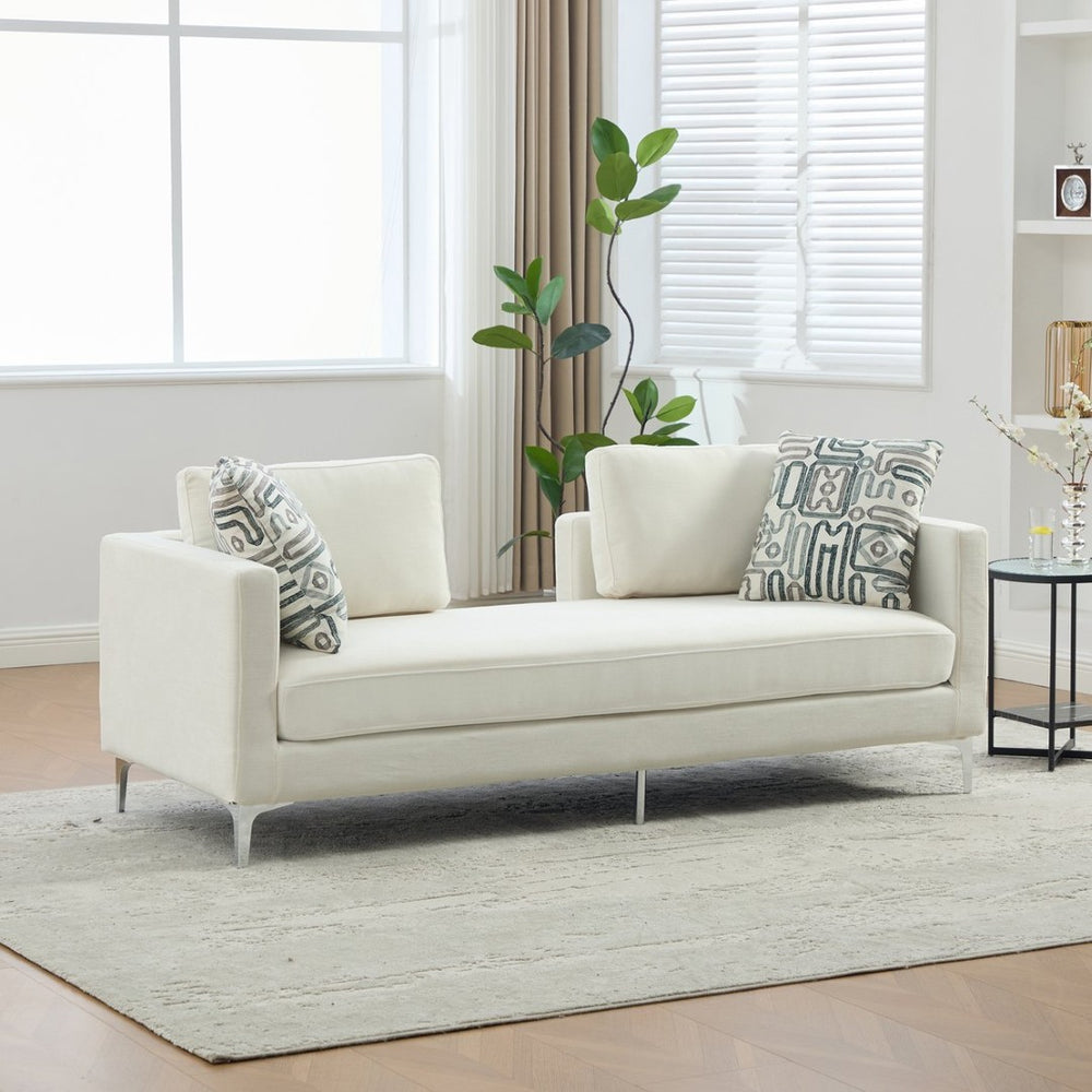 English Elm 77.5''w Chenille Slipcovered Chaise Lounge Open Back Settee with Pocket Spring Seat Ivory W3118S00059