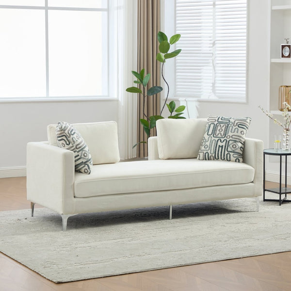 English Elm 77.5''w Chenille Slipcovered Chaise Lounge Open Back Settee with Pocket Spring Seat Ivory W3118S00059