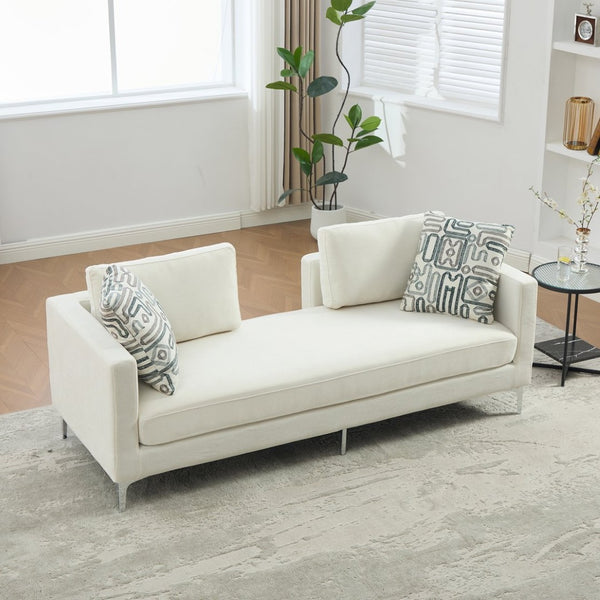 English Elm 77.5''w Chenille Slipcovered Chaise Lounge Open Back Settee with Pocket Spring Seat Ivory W3118S00059