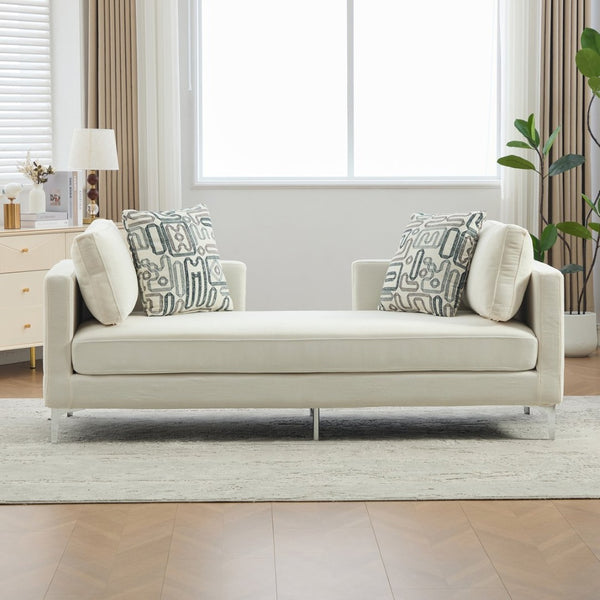 English Elm 77.5''w Chenille Slipcovered Chaise Lounge Open Back Settee with Pocket Spring Seat Ivory W3118S00059