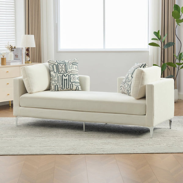 English Elm 77.5''w Chenille Slipcovered Chaise Lounge Open Back Settee with Pocket Spring Seat Ivory W3118S00059