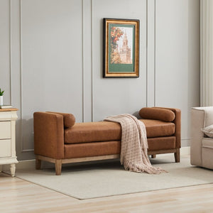 English Elm 65.5W Upholstered Daybed Bench with Bolsters Weathered Rubberwood Legs PU Leather Seat Brown W3118S00060