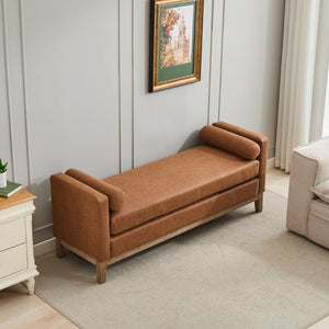 English Elm 65.5W Upholstered Daybed Bench with Bolsters Weathered Rubberwood Legs PU Leather Seat Brown W3118S00060