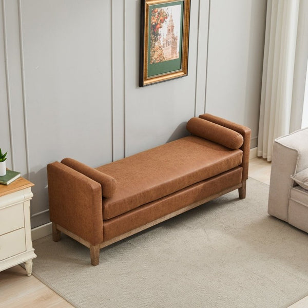 English Elm 65.5W Upholstered Daybed Bench with Bolsters Weathered Rubberwood Legs PU Leather Seat Brown W3118S00060