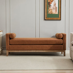 English Elm 65.5W Upholstered Daybed Bench with Bolsters Weathered Rubberwood Legs PU Leather Seat Brown W3118S00060