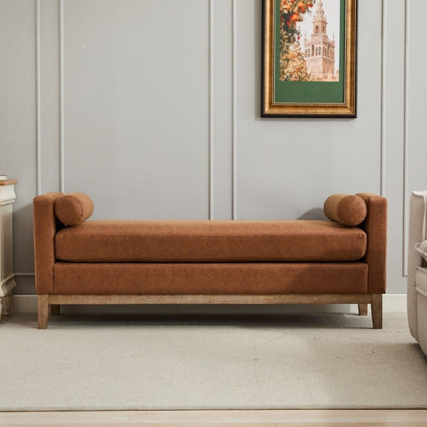 English Elm 65.5W Upholstered Daybed Bench with Bolsters Weathered Rubberwood Legs PU Leather Seat Brown W3118S00060