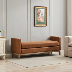 English Elm 65.5W Upholstered Daybed Bench with Bolsters Weathered Rubberwood Legs PU Leather Seat Brown W3118S00060