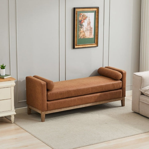 English Elm 65.5W Upholstered Daybed Bench with Bolsters Weathered Rubberwood Legs PU Leather Seat Brown W3118S00060