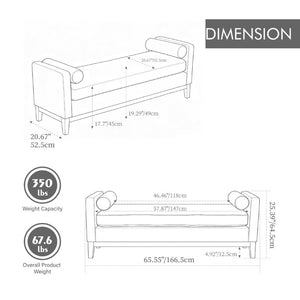 English Elm 65.5W Upholstered Daybed Bench with Bolsters Weathered Rubberwood Legs PU Leather Seat Brown W3118S00060