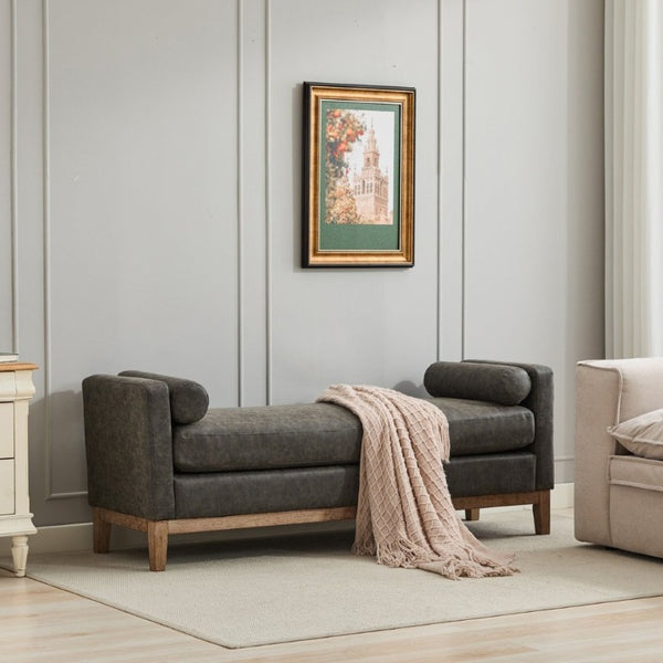 English Elm 65.5W Upholstered Daybed Bench with Bolsters Weathered Rubberwood Legs PU Leather Seat Gray W3118S00061