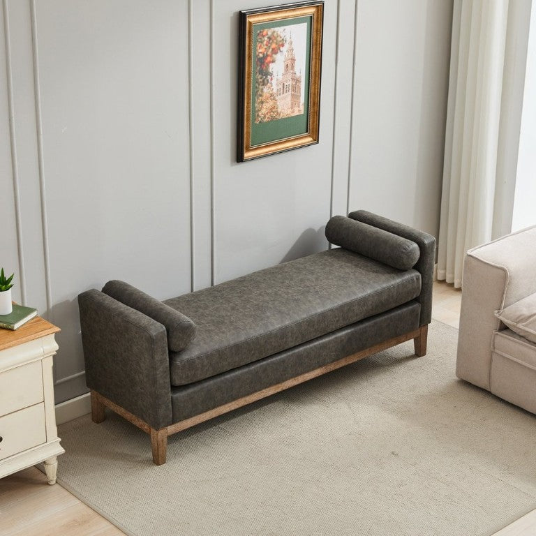 English Elm 65.5W Upholstered Daybed Bench with Bolsters Weathered Rubberwood Legs PU Leather Seat Gray W3118S00061