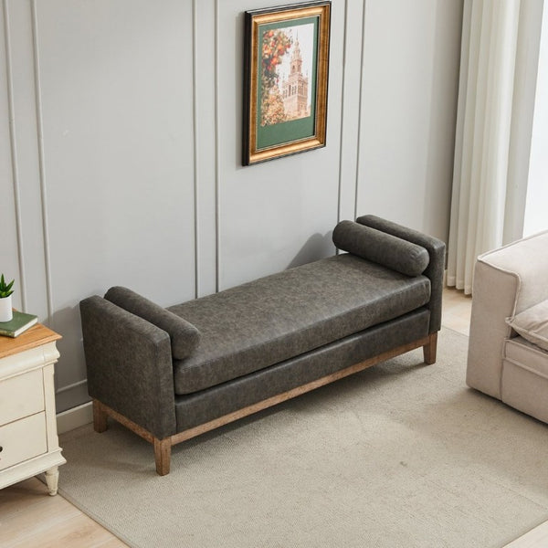English Elm 65.5W Upholstered Daybed Bench with Bolsters Weathered Rubberwood Legs PU Leather Seat Gray W3118S00061