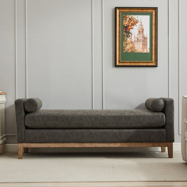 English Elm 65.5W Upholstered Daybed Bench with Bolsters Weathered Rubberwood Legs PU Leather Seat Gray W3118S00061