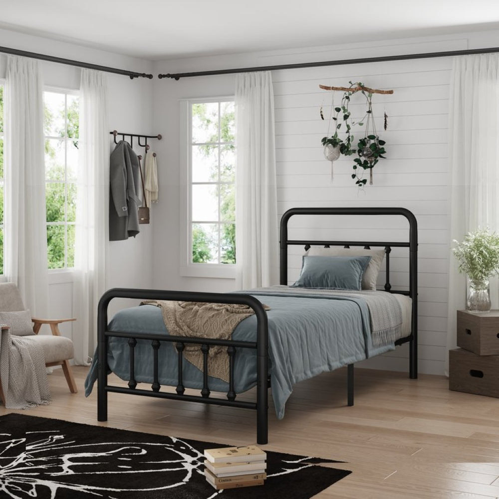 English Elm Metal Twin Bed Frame Matte Black Steel Vertical Slat Headboard with Under Bed Storage W311P388947