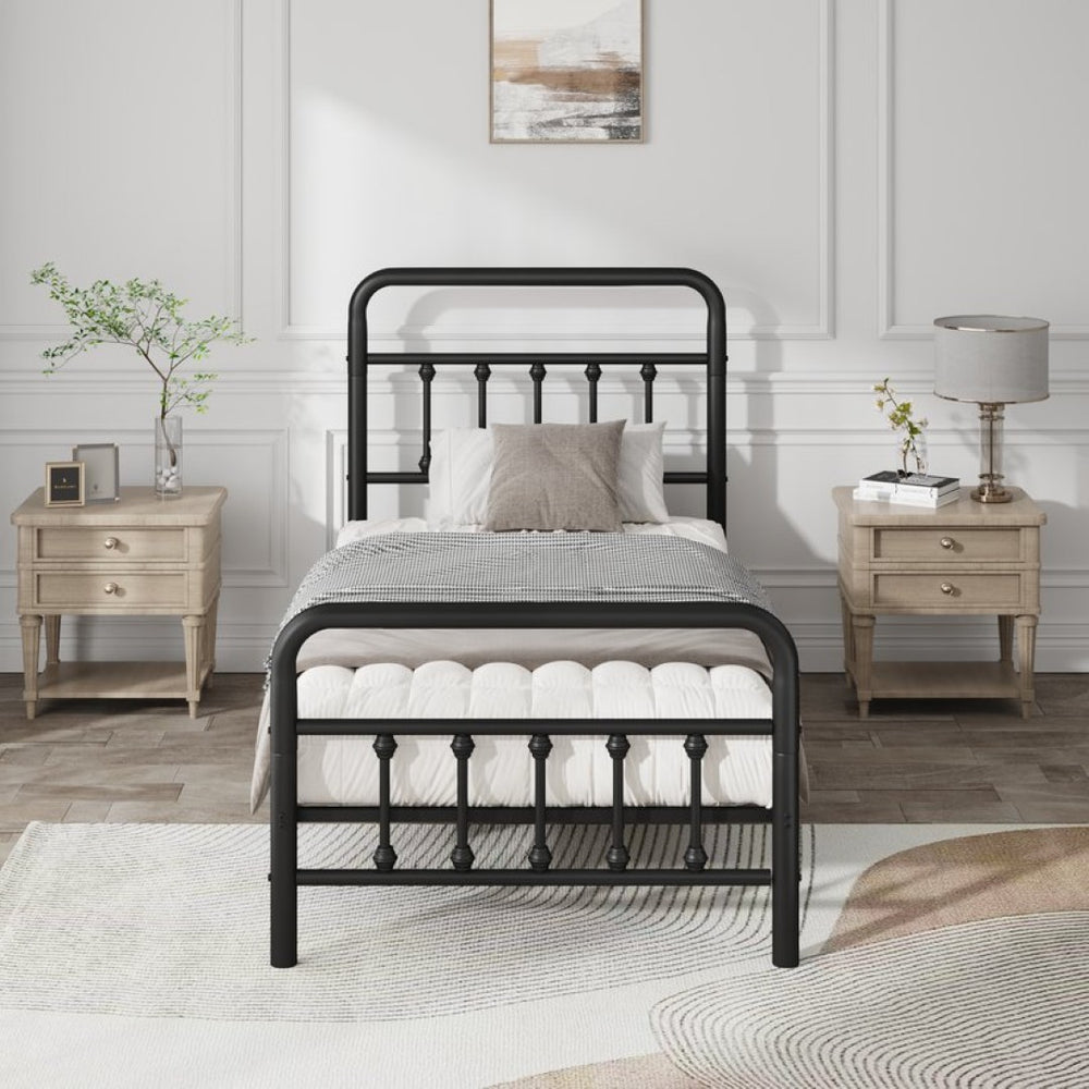 English Elm Metal Twin Bed Frame Matte Black Steel Vertical Slat Headboard with Under Bed Storage W311P388947