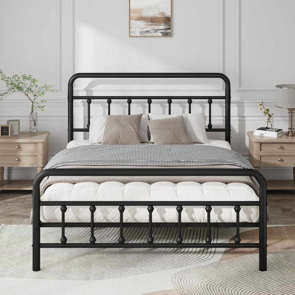 English Elm Metal Full Size Platform Bed with Tall Headboard Matte Black Steel Minimalist Frame W311P388949