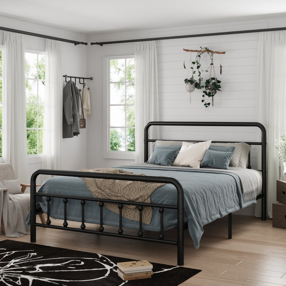 English Elm Metal Queen Bed Frame Matte Black Finish Tall Headboard Open Storage No Box Spring W311P388953