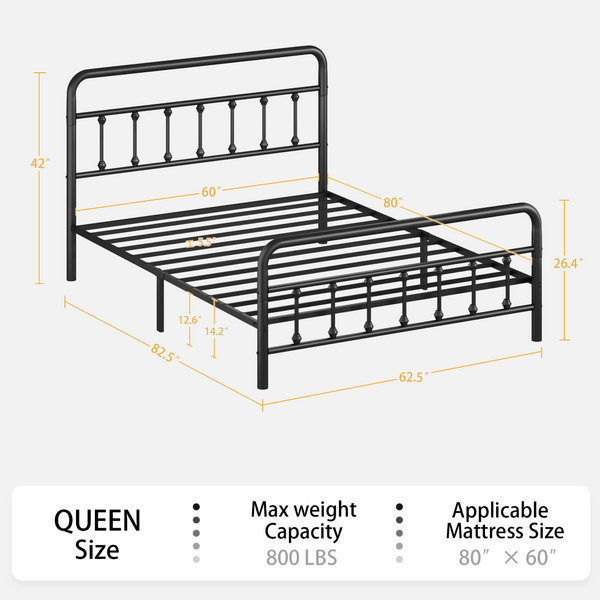 English Elm Metal Queen Bed Frame Matte Black Finish Tall Headboard Open Storage No Box Spring W311P388953