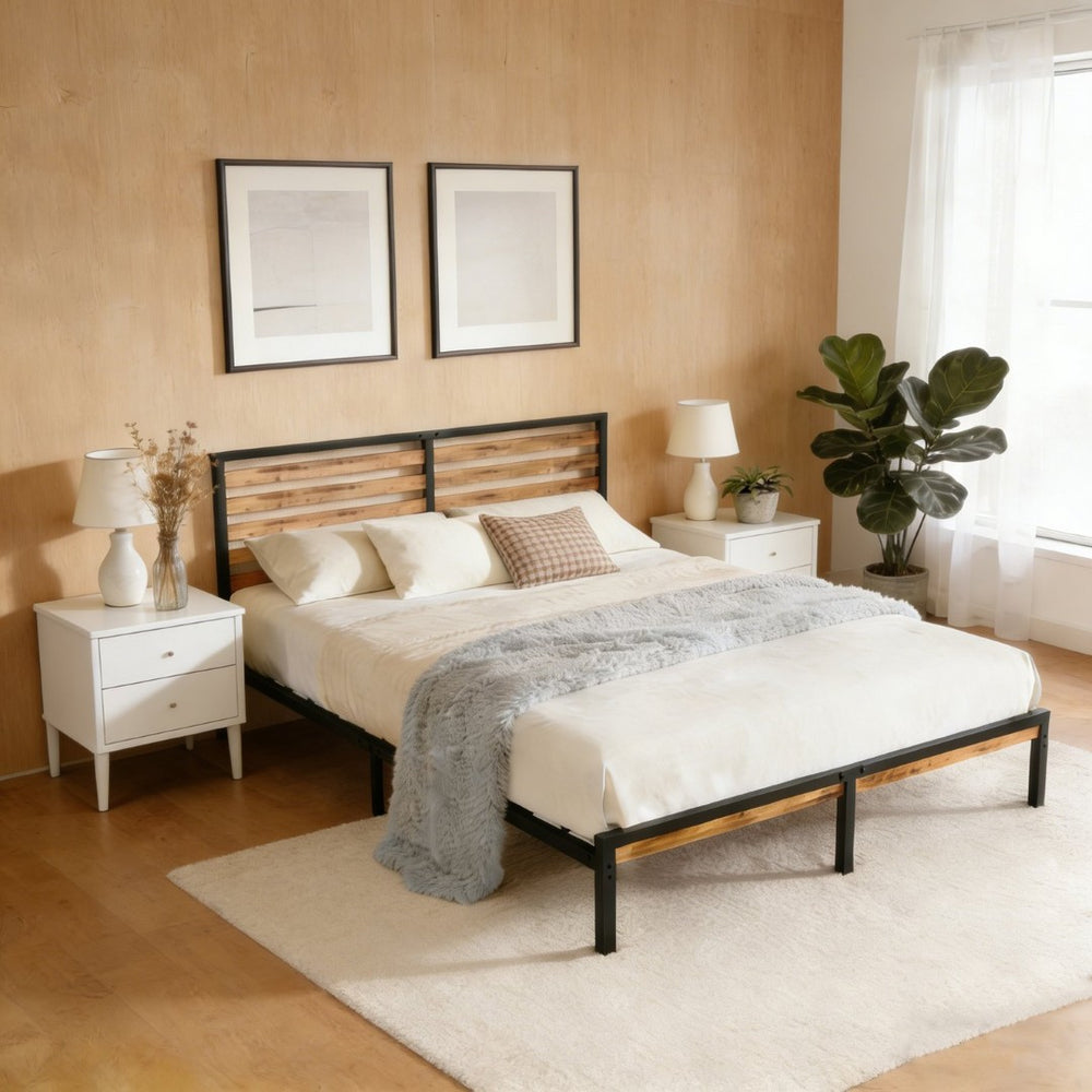 English Elm Full Platform Bed Rustic Wood Headboard Metal Frame Under Storage No Box Spring W311P433473