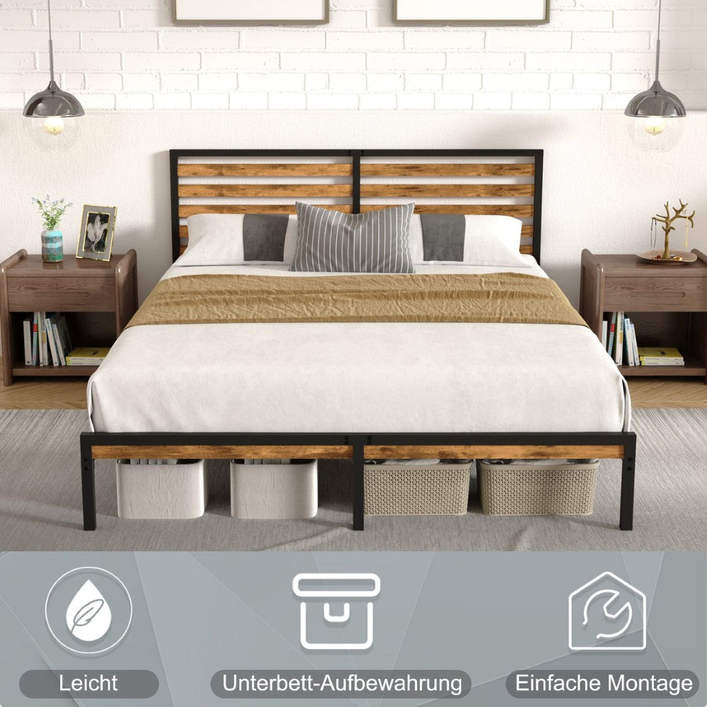 English Elm Full Platform Bed Rustic Wood Headboard Metal Frame Under Storage No Box Spring W311P433473