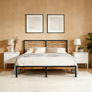 English Elm Full Platform Bed Rustic Wood Headboard Metal Frame Under Storage No Box Spring W311P433473