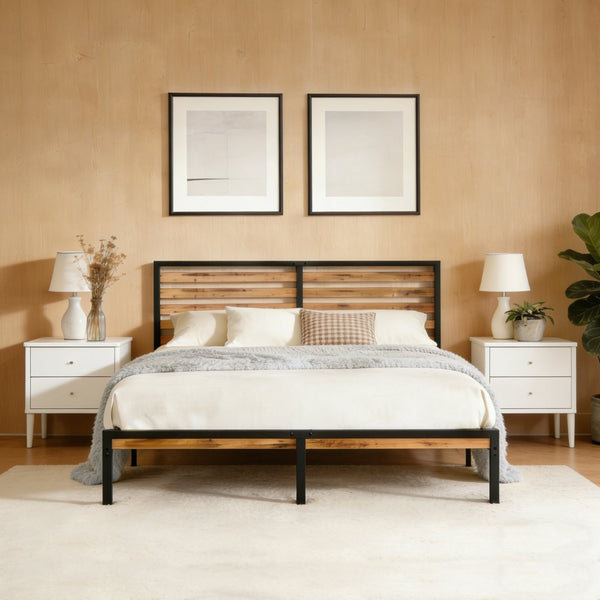 English Elm Full Platform Bed Rustic Wood Headboard Metal Frame Under Storage No Box Spring W311P433473