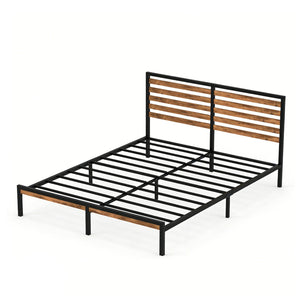 English Elm Full Platform Bed Rustic Wood Headboard Metal Frame Under Storage No Box Spring W311P433473