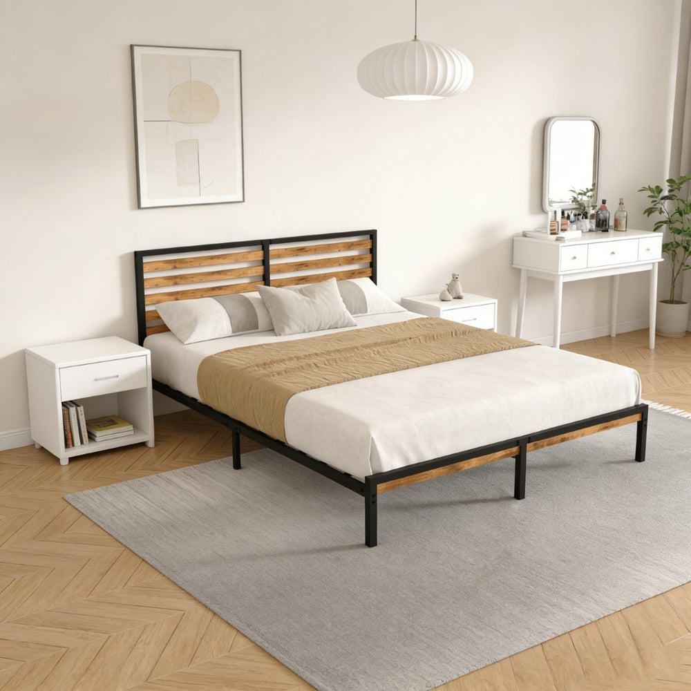 English Elm Queen Platform Bed Rustic Wood Headboard Metal Base with Under Storage No Box Spring W311P433474