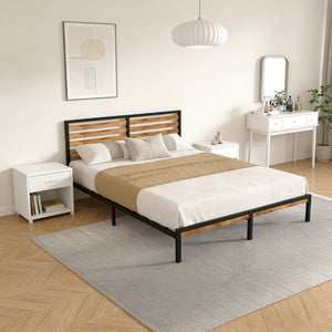 English Elm Queen Platform Bed Rustic Wood Headboard Metal Base with Under Storage No Box Spring W311P433474