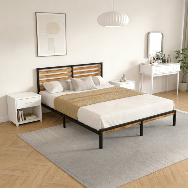 English Elm Queen Platform Bed Rustic Wood Headboard Metal Base with Under Storage No Box Spring W311P433474