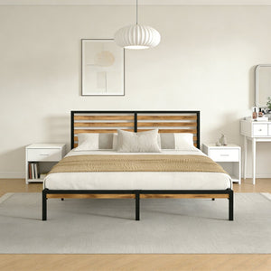English Elm Queen Platform Bed Rustic Wood Headboard Metal Base with Under Storage No Box Spring W311P433474