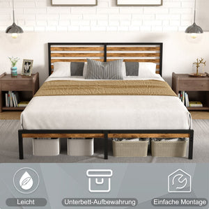English Elm Queen Platform Bed Rustic Wood Headboard Metal Base with Under Storage No Box Spring W311P433474