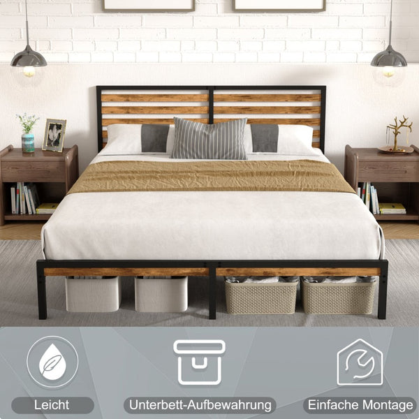 English Elm Queen Platform Bed Rustic Wood Headboard Metal Base with Under Storage No Box Spring W311P433474
