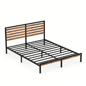 English Elm Queen Platform Bed Rustic Wood Headboard Metal Base with Under Storage No Box Spring W311P433474