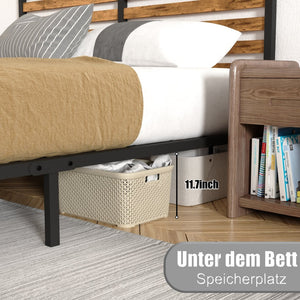 English Elm Queen Platform Bed Rustic Wood Headboard Metal Base with Under Storage No Box Spring W311P433474