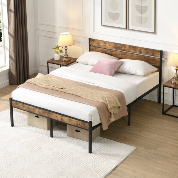 English Elm Full Size Platform Bed Rustic Wood Headboard Matte Black Metal Frame Storage W311P521357