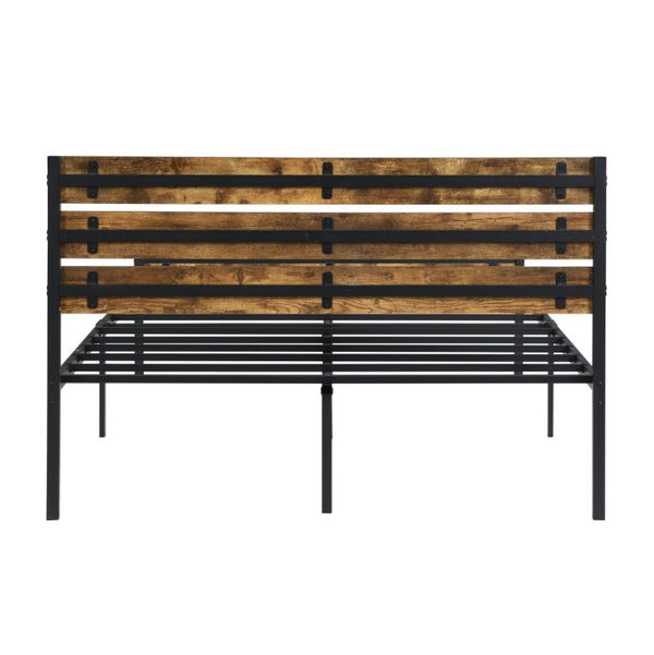 English Elm Full Size Platform Bed Rustic Wood Headboard Matte Black Metal Frame Storage W311P521357