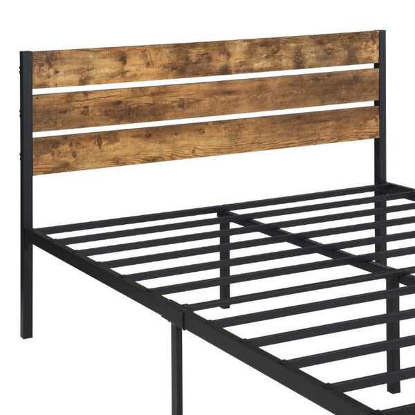English Elm Full Size Platform Bed Rustic Wood Headboard Matte Black Metal Frame Storage W311P521357