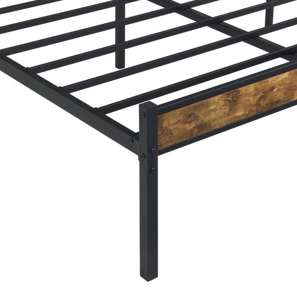 English Elm Full Size Platform Bed Rustic Wood Headboard Matte Black Metal Frame Storage W311P521357